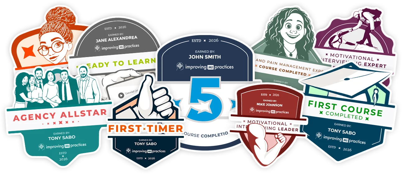 A group of IMP badges in a collage format