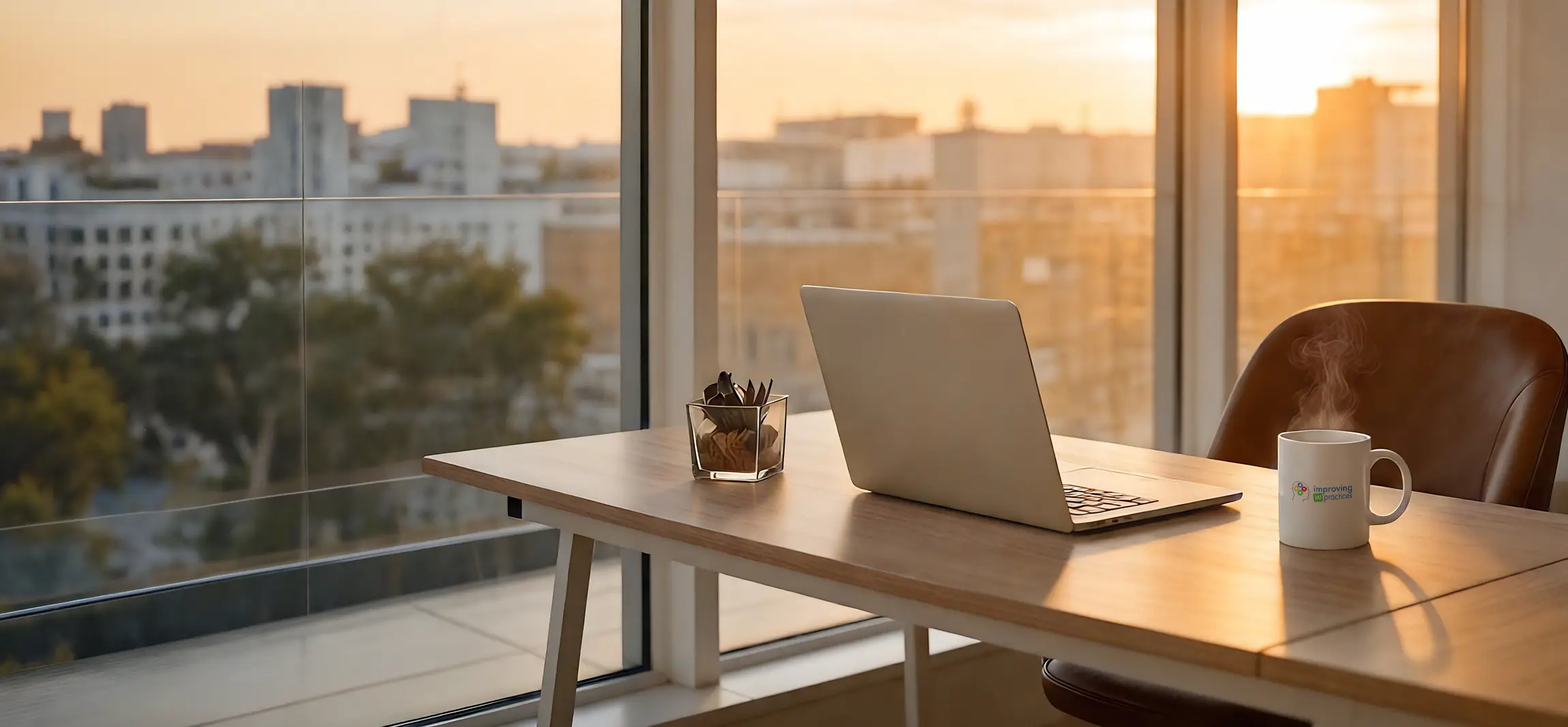 The social worker is at work, but not at his desk. The morning shake is on his desk and the sun is rising.