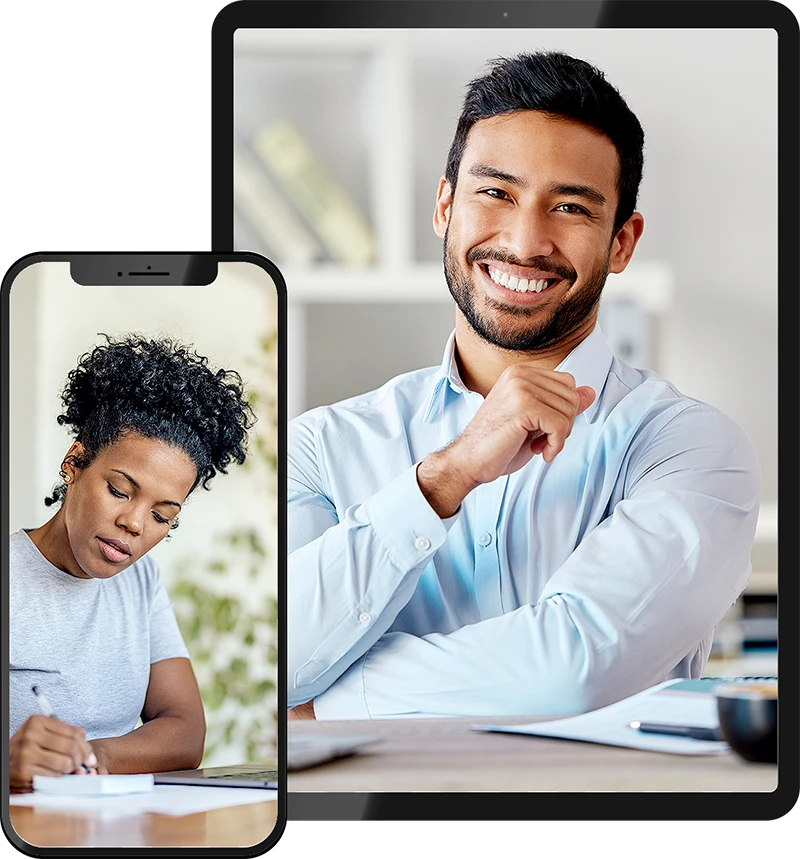 An iPhone with a woman taking notes on an IMP course and an Ipad with a man smiling on it.