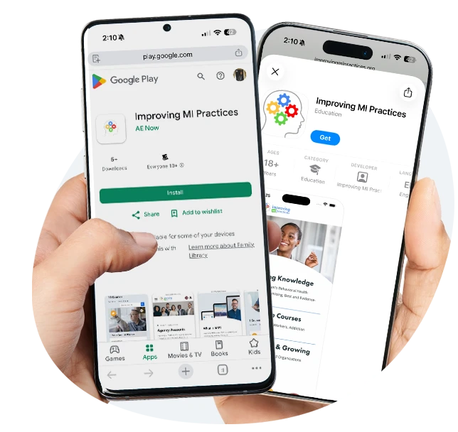 2 hands holding an iphone with the IMP app and another with an adroid phone with the IMP adroid app on it