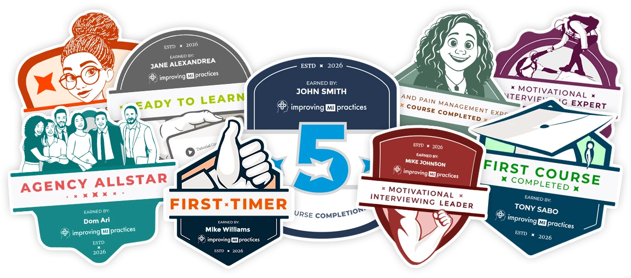 A group of IMP badges in a collage format